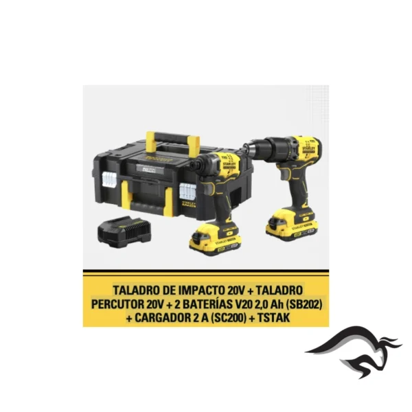 SBDI465D2T-B2-2.webp Taladro Impacto 20V + Taladro Percutor 13mm Fatmax + 2 Baterías 2AH + Cargador 2A + Maleta T-Stak SISTEMA V20 Stanley